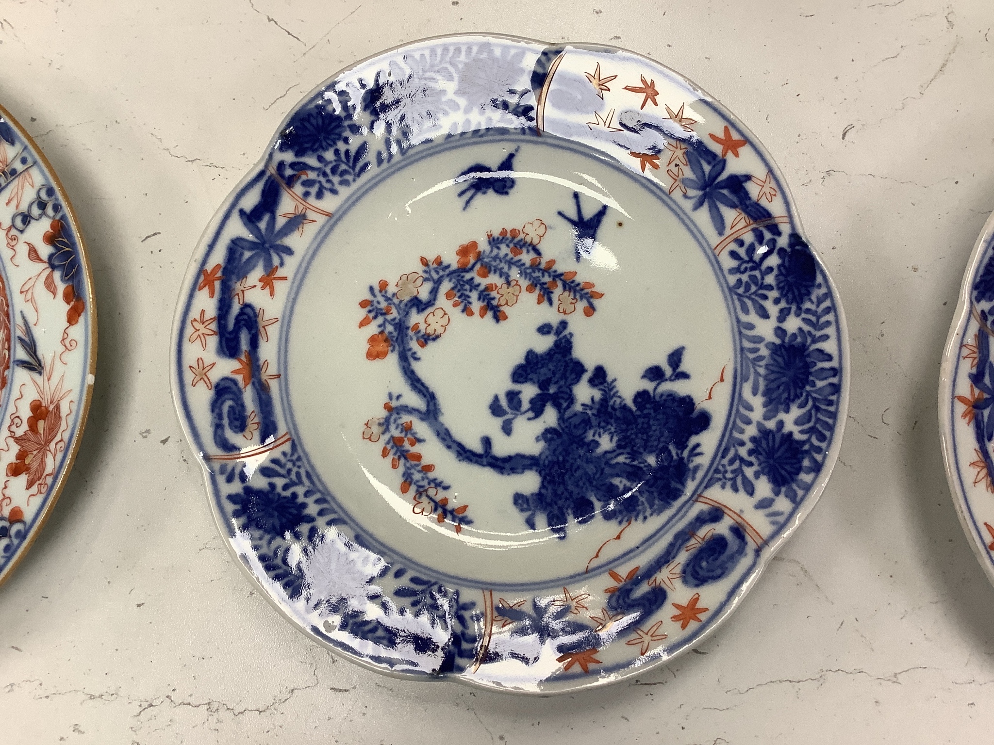 Three 18th century Chinese Imari plates and two 19th century Japanese Imari plates